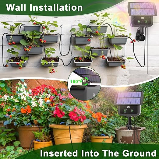 LCD Display Solar Drip Irrigation System Kit 30 Working Modes &amp 10 Watering Interval Solar Powered Drip Irrigation Kit Supports 15 Potted Plants 2200mAh Automatic Watering System for Garden