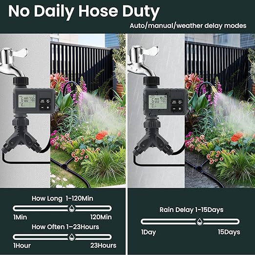 100FT Smart Drip Irrigation System with Water Timer – Automatic Garden Watering System with 360° Bendable Hose &amp 24 Adjustable Nozzles for Garden Yard LawnCompatible with 3/4 &amp 1/2 Hose