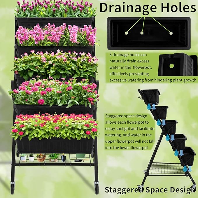 Homdox 4FT Vertical Garden Bed 5 Tiers Vertical Raised Garden Planter 25.6 * 26 * 48Inch Garden Raised Bed with 4 Hooks &amp 4 Wheels Vegetable Flower Planter Raised Stand Black with Storage Rack