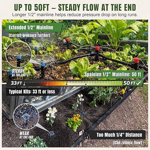 Drip Irrigation System Push-to-Connect Garden Watering System Kit for Raised Beds Expandable DIY Drip Irrigation Kit with 1/2 &amp 1/4 Tubing Adjustable Emitters Leak-Proof Connectors