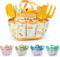 Kids Gardening Set ToysIncludes Metal TrowelTransplanting ShovelGarden hatRakeApronGlovesWatering Canand Tool Organizer Bag (Yellow)