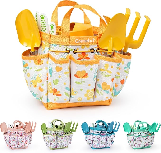 Kids Gardening Set ToysIncludes Metal TrowelTransplanting ShovelGarden hatRakeApronGlovesWatering Canand Tool Organizer Bag (Yellow)