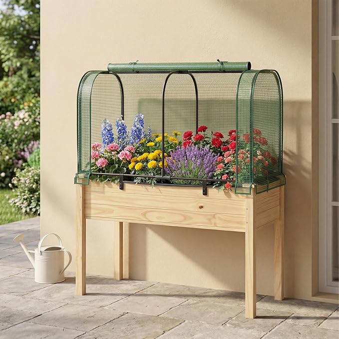 Giantex Raised Garden Bed with Cover Wood Elevated Planter Box with Legs &amp Mini Greenhouse Waterproof Sun-Protective PE Green House Cover Outdoor Use for Fruit Vegetable Flower Herb (Green+Natu