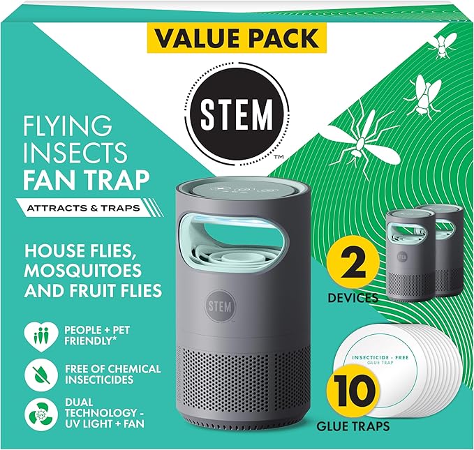STEM Flying Insect Fan Trap for Indoor Bug Control Attracts Mosquitoes Fruit Flies and House Flies Plug-in Fan with UV Light Starter Kit Includes 2 Devices and 10 Glue Traps