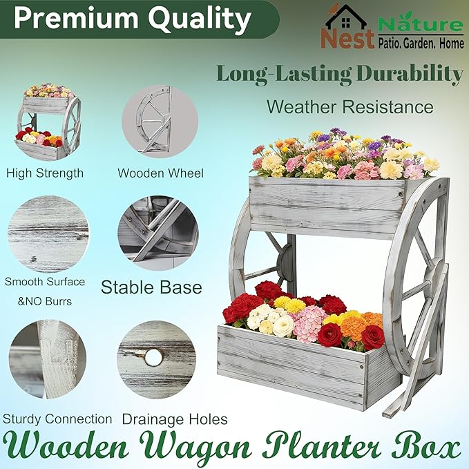 Wooden Wagon Garden Planter Box with Wheels-Indoor/Outdoor Decor for Patio Backyard Balcony-Country Farmhouse Flower Box-2 Tier Rustic Garden Raised Bed for Flowers Herbs Vegetables