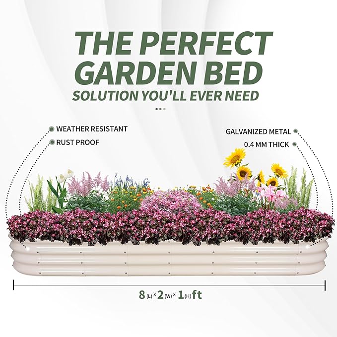 1MORE Galvanized Raised Garden Bed- Planter Garden Boxes Outdoor Raised Beds for GardeningMetal Garden Bed Kit for Vegetables Flower Planter Raised Beds.8x2x1ft White-2pcs