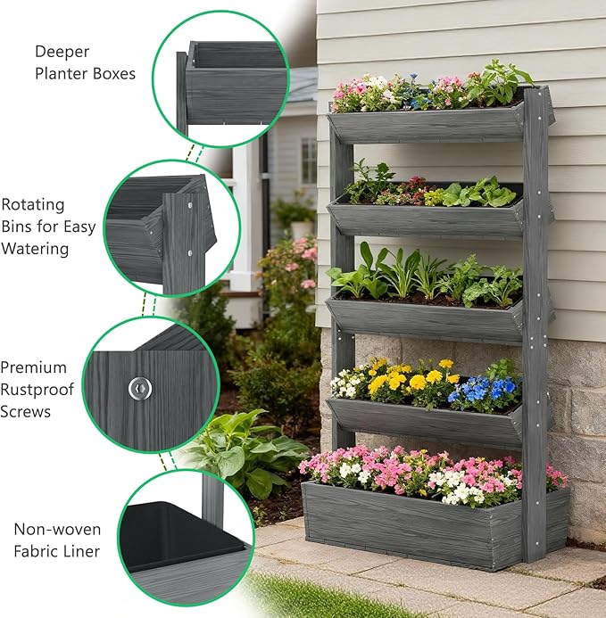 DoCred Vertical Wooden Raised Garden Bed 5 Tier Upgraded Garden Planters Freestanding Wood Plant Stand Flower Rack Wooden Planter Box for Plants Herbs Flowers Vegetables Outdoor Indoor