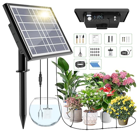 49FT Solar Drip Irrigation Kit with Digital Screen Auto Watering Kit for 15 Pots Solar-Powered Plant Watering434 Timer Modes 900ml/min Flow Indoor/Outdoor Garden Balcony &amp Patio Irrigation Sy