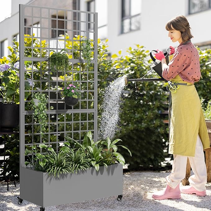 Casaphoria Metal Raised Garden Bed with Trellis and Wheels 72x35x16 Planter Box for Climbing Plants Vegetables &amp Vines Features Drainage Holes and Privacy Screen (Gray-Grid)