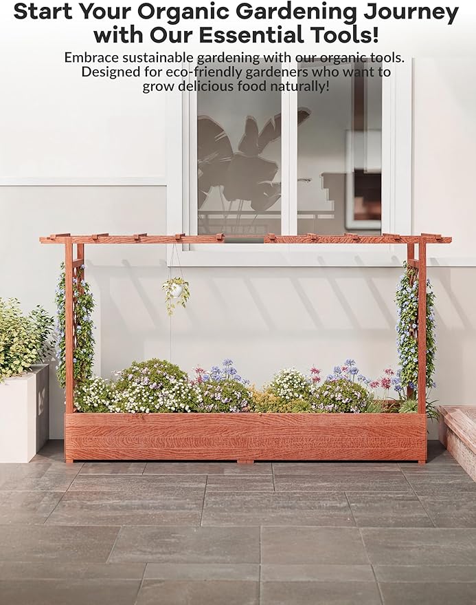 Elevated Wooden Planter Box with Arch Trellis &amp Hanging Roof – Raised Garden Bed for Climbing Vines Flowers – Side Trellis 4 Drainage Holes Freestanding – Patio/Deck – Size: 200.