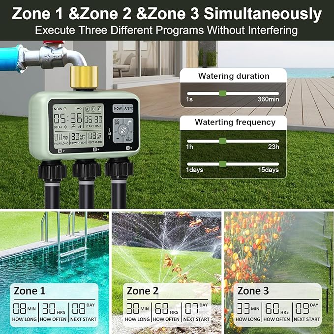 Watering Timer 3 Zone with Brass Inlet Sprinkler Timer Programmable Garden Outdoor Hose Faucet Timers with Rain Delay Auto &amp Manual Watering SystemWater Hose Irrigation Timers 3 Outlet for Gar
