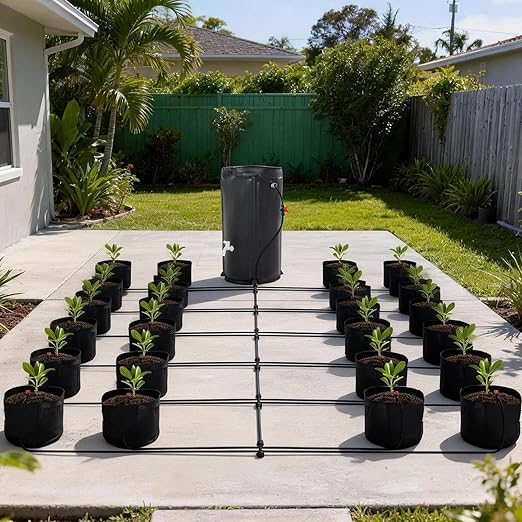 Auto Drip Irrigation System Kits with 26 Gallon Bucket 25W Water Pump 24 Drip Emitters 24 Planting Bags for Indoor and Outdoor Automatic Watering System for Grow Tent Greenhouse Lawn