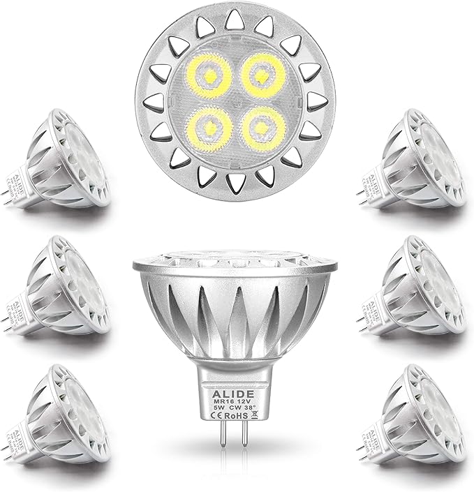 ALIDE MR16 Led Bulbs 6000K Daylight Bright Cool White 5WReplace 20W 35W Halogen Equivalent12V MR16 GU5.3 Low Voltage Bulb for Outdoor Landscape Track Ceil LightingNot Dimmable450lm38 Deg6 Pack