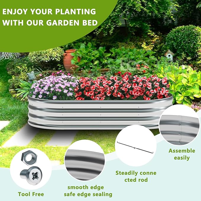 zizin 2 Pack Galvanized Raised Garden Bed Metal Oval Raised Garden Beds Outdoor Planter Box for Vegetables (6x3x1FT Silver)