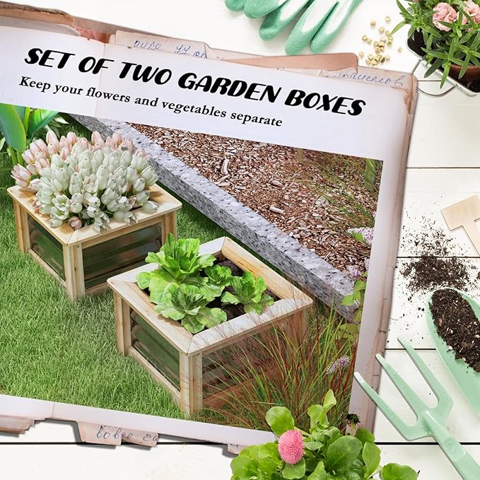 Raised Garden Bed Set of 2 Outdoor Planter Box Galvanized Metal Reinforced with Wood Stock Tanks for Growing Flowers Herbs and Vegetables