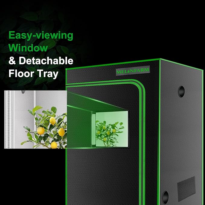 MELONFARM 4x4 Grow Tent 48x48x80'' High Reflective 600D Diamond Mylar Canvas with Observation Window and Floor Tray for Hydroponic Indoor Plant Growing