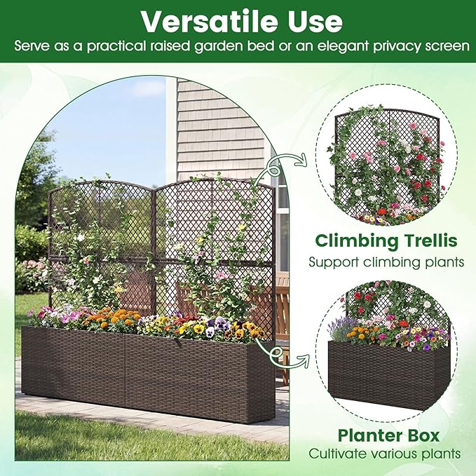 Byroce Raised Garden Bed PE Rattan Planter Box with Lattice Trellis Liner &amp Drainage Outdoor Standing Privacy Planter for Patio Balcony Climbing Plants &amp Hanging Flower (1 Brown 40” x 11”