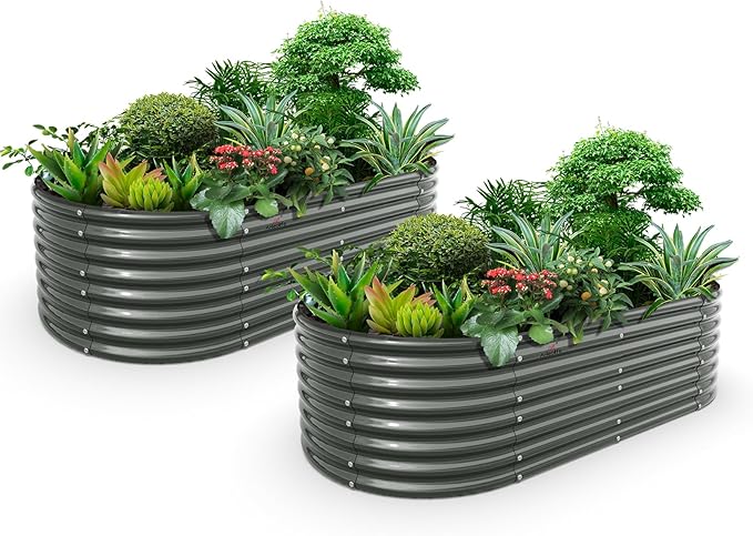 A ANLEOLIFE 2-Set 8X4X2 ft Galvanized Raised Garden Bed Kit Oval Metal Deep Root Planters for Outdoor Plants Quartz Grey