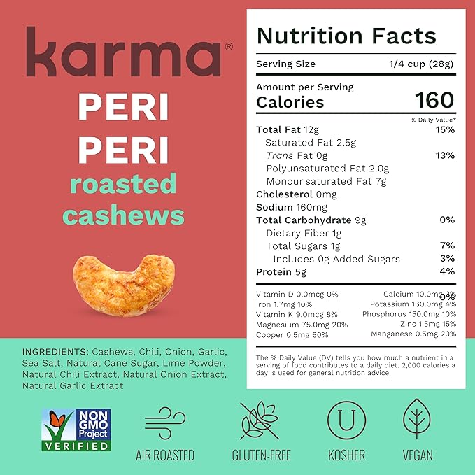 Peri Peri Air Roasted Whole Cashews by Karma Nuts Savory Spicy Peanut-Free Facility Kosher Everyday Nut Snack 7oz Resealable Bag - 6 pack