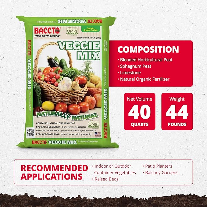 Michigan Peat Company BACCTO Veggie Mix with Peat Moss Indoor Outdoor Organic Nutrients for Planting &amp Growing Vegetables 40 Quart Bag