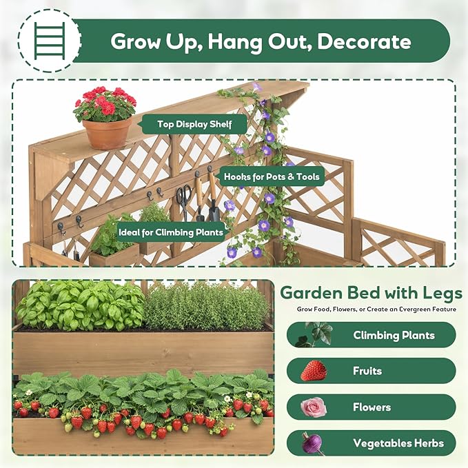 Raised Garden Bed with Trellis &amp Top Shelf Outdoor Elevated Planter Box with 2 Planting Areas Liner &amp Metal Corners for Climbing Plants Vegetables Herbs