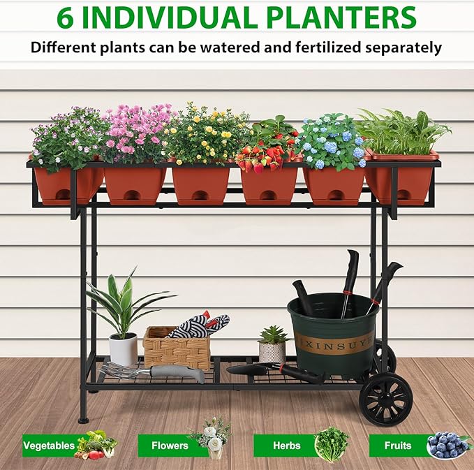 Vrisa Elevated Raised Garden Bed Outdoor with Legs 43x17x29 in Plastic Standing Planter Box with Storage Shelf and Wheels Vegetables Herbs Flowers Gardening Boxes for Backyard Patio Balcony Black