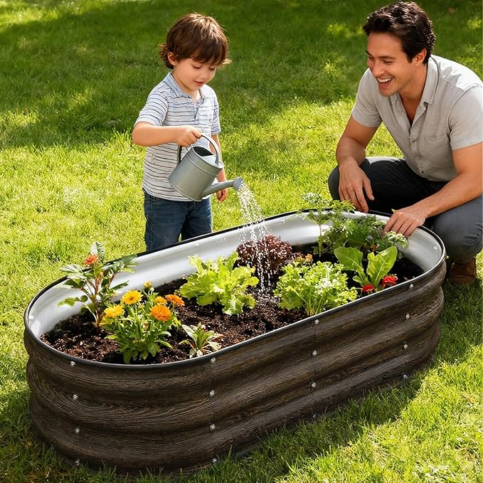 4x2x1FT Galvanized Raised Garden BedsRaised Garden Bed with Safety Edging and GlovesOval Metal Planter Box for Gardening Vegetables Flowers Herb-Classic Walnut