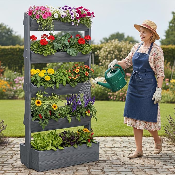 Wooden Vertical Raised Garden Bed 5 Tier Garden Planters Raised Beds Freestanding Plant Stand Flower Rack Wooden Planter Box for Plants Herbs Flowers Vegetables Outdoor Indoor Gardening