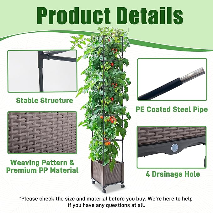 Raised Garden Bed with Tomato Planter Cage50.4 Self Watering Tomato Planter with Plastic Coating Steel Pipe for Climbing Vine Flowers Outdoor Tomatoes Cage with Trellis Wheels 1Pack