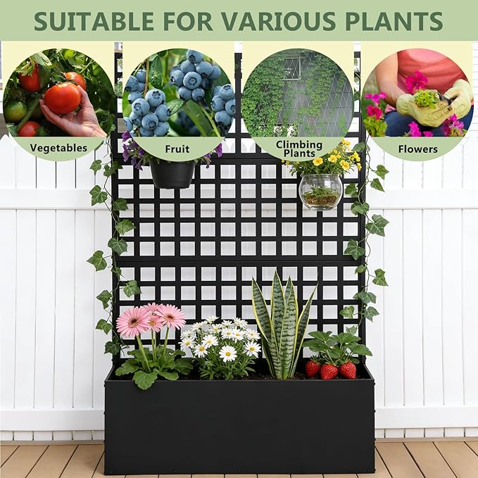 Metal Privacy Planter Box with Trellis Raised Garden Bed Privacy Screen with Drainage Holes Outdoor Metal Planter Box for Climbing Plants Patio &amp Garden 70 x 46 x 12 Black (2)