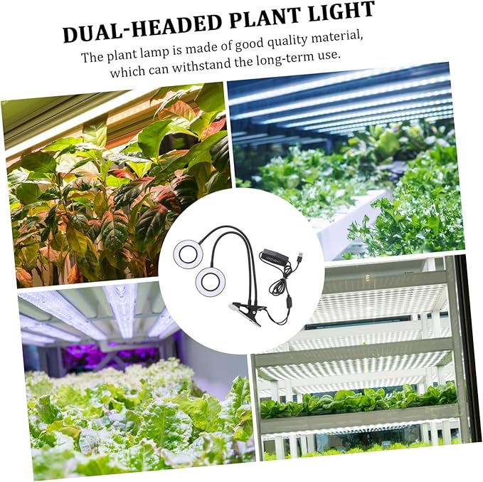 LED Grow Light Clip for Indoor Plants Adjustable Dual-Head Timer 5V Dimmable Plant Growth Lamp for Greenhouse Use