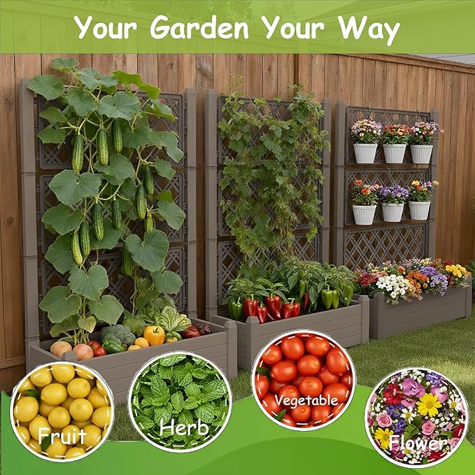 5.3' Tall Raised Garden Bed with Trellis Self Watering Planter Box for Outdoor Climbing Plants Resin Garden Lattice for Vegetables Flowers Tomato &amp Vine with Drainage Holes (Coffee 4 pack)