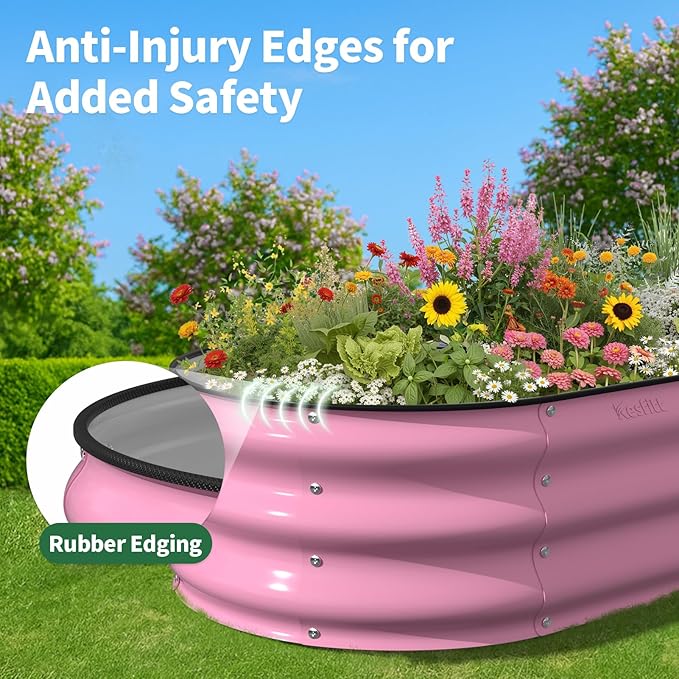 Kesfitt Raised Garden Bed 4x2x1 FT Galvanized Steel Metal Raised Garden Bed Oval Open-Bottom Design 12-Inch Deep for Outdoor Vegetable &amp Herb Gardening Blushing Pink