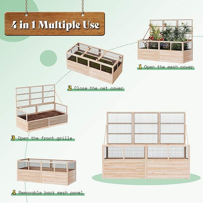 AMERLIFE Raised Garden Bed with Hinged Fencing and Trellis 18 Inch Deepened Wood Planter Box 2 PCS Flip-up Front Panel Easy Assembly Ideal for Seed Starting and Growing Vegetables &amp Fruits