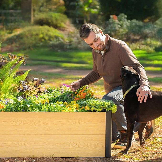 Vego garden Woodgrain Series Raised Garden Bed 16'' Tall 4' x 8' Wooden-Look Metal Planter Box Outdoor for Gardening Vegetables Flowers Herbs