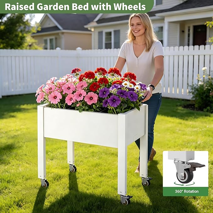 Miory Raised Garden Bed with Wheels Mobile Raised Planter Elevated Garden Bed with Water Level Monitor and Drainage System Planter Box for Garden Outdoor Patio Balcony