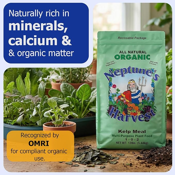 Neptune’s Harvest Organic Kelp Meal Plant Food (1-0-2) - 12 lb Resealable Bag - Multi-Purpose Seaweed Fertilizer - Indoor &amp Outdoor Plant Fertilizer for Lawns Gardens Vegetables &amp Bulbs