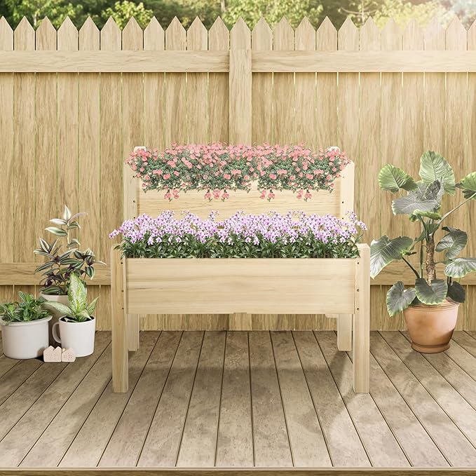 Planter Raised Beds Planter Boxes Raised Flower Bed 4x34x28 Wood Natural 2-Tier for Backyard Patio to Grow Vegetables Herbs and Flowers