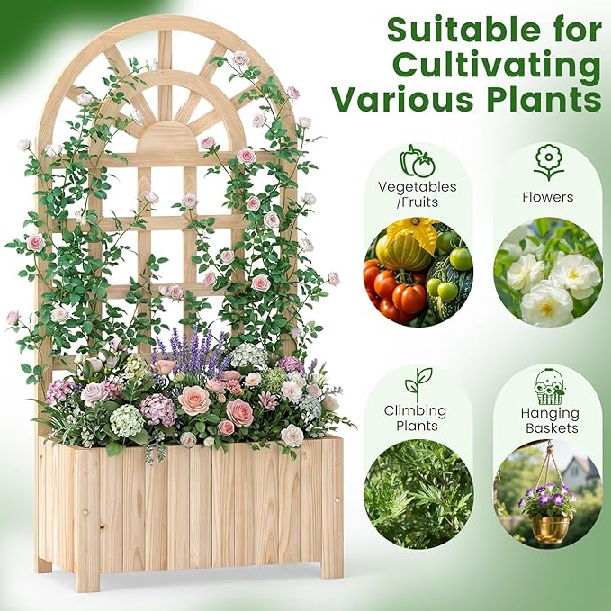 BECOMFORT 48”H Raised Garden Bed with Arched Trellis Fir Wood Planter Box with Privacy Screen &amp Drainage Holes for Balcony Yard Elevated Outdoor Flower Box for Climbing Plants Vegetables &amp