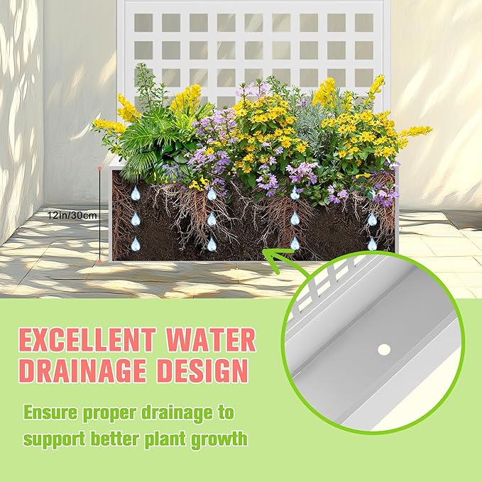 Metal Planter Box with Trellis Raised Garder Bed with Drainage Hole Outdoor Privacy Screen &amp Trellis for Climbing Plants Plant Stands 35''L×16''W×71''H White
