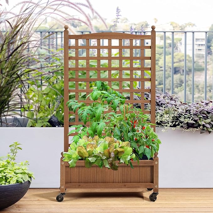 Topeakmart Wood Garden Raised Bed Lattice Vine Climbing Plant Box Pot with Trellis &amp Rolling Wheels for Garden Yard Outdoor Easy Movable