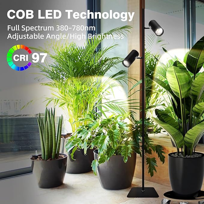 60W Dimmable Grow Light Warm White Full Spectrum COB LED Dual-Head Floor Lamp with High PPFD&ampCRI 6/8/12H Timer Adjustable Height (37-77) &amp Angle – Standing Grow Lights for Indoor Plants