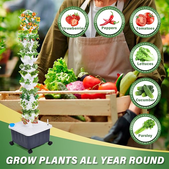 Hydroponics Growing System Kit 70 Net Pots Garden Tower with Wheels &amp Water Pump Automatic Watering Indoor Outdoor Plant Station with Sponge Adapter for Gardening Lover