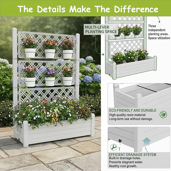 5.3' Tall Raised Garden Bed with Trellis Self Watering Planter Box for Outdoor Climbing Plants Resin Garden Lattice for Vegetables Flowers Tomato &amp Vine with Drainage Holes (Ashen 1 PC)