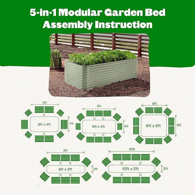 Epic Gardening 5-in-1 Modular Galvanized Raised Garden Bed Kit 29 Tall Food-Safe Metal Planter Box Large Raised Garden Beds Outdoor for Vegetables Flowers Herbs &amp Fruits - Mist Green