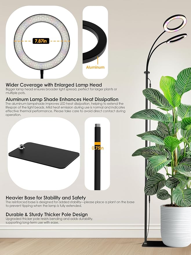 GLOWRIUM Grow Lights for Indoor Plants Full Spectrum LED Grow Light Stepless Dimming3 Lighting Mode and Adjustable Height Plant Light with 3/9/12/16H Timer (Black 48W)
