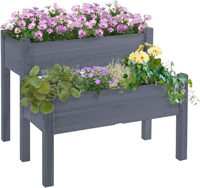 34x34x28 Raised Garden Bed 2 Tier Elevated Wood Planter Box for Backyard Patio to Grow Vegetables Herbs and Flowers Gray