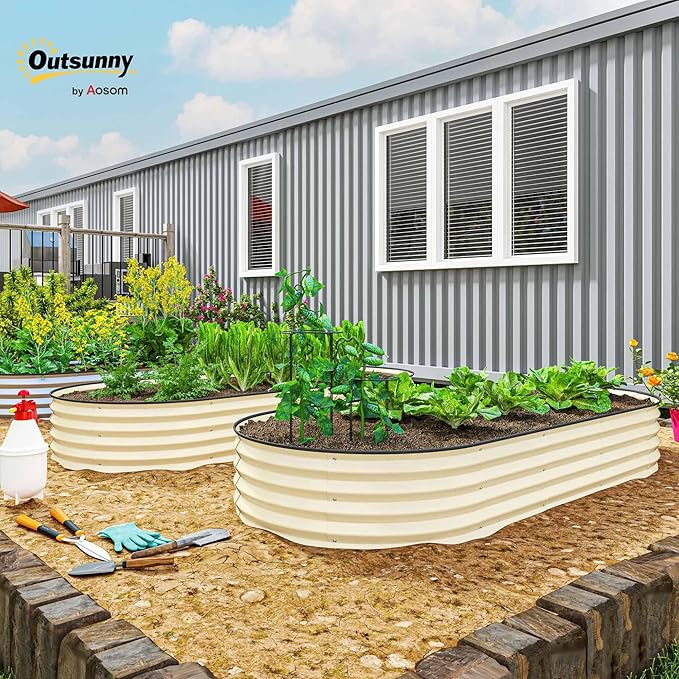 Outsunny 2PCS Galvanized Raised Garden Bed 7' x 3' x 1' Raised Beds for Gardening with Plant Support Stakes Rubber Strap Edging and Gloves Metal Planter Box for Vegetables Flowers Cream White