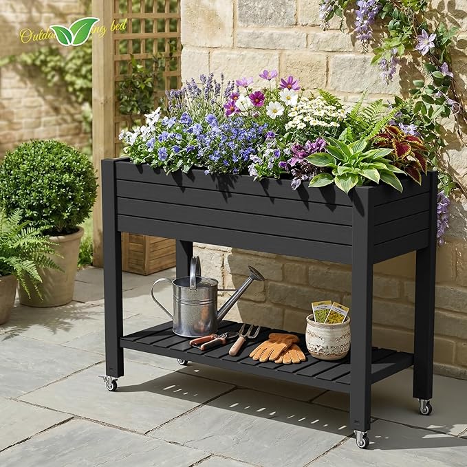 Vixzen Raised Garden Bed OutdoorReinforced Large Planter Box with Wheels &amp Storage ShelfMobile Planter Bed Box for Backyard Patio Balcony (Black 21Gal（43.31×17.72×33.66）)