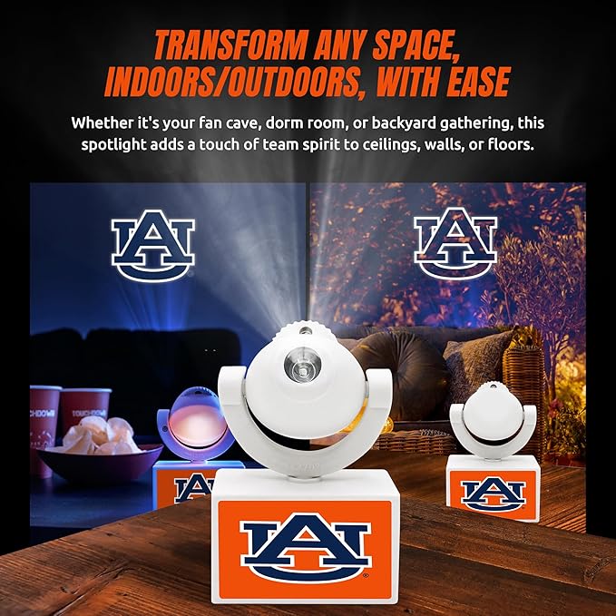 Sporticulture NCAA American Football Auburn Tigers - Adjustable Led Mini Spotlight Projector with 6 Team Logo Designs - Portable &amp Rechargeable Spotlight - Battery-Operated - 4.375” x 3.125”